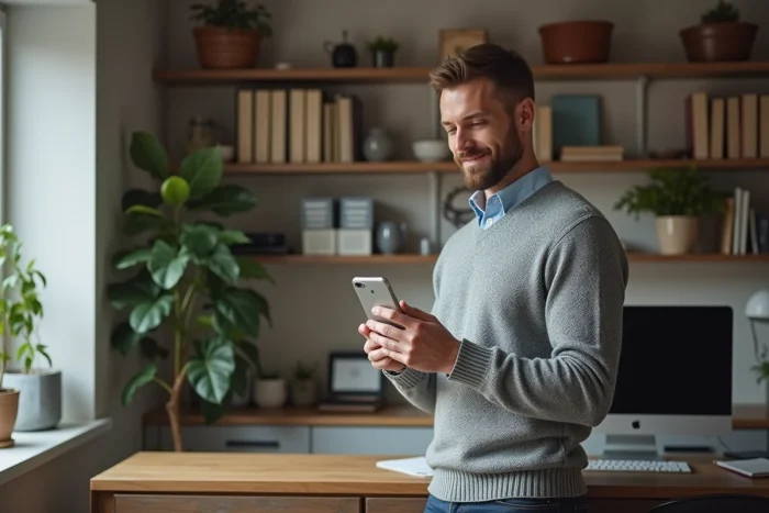 Homme gérant son association depuis chez lui via une application mobile de gestion simplifiée sur smartphone