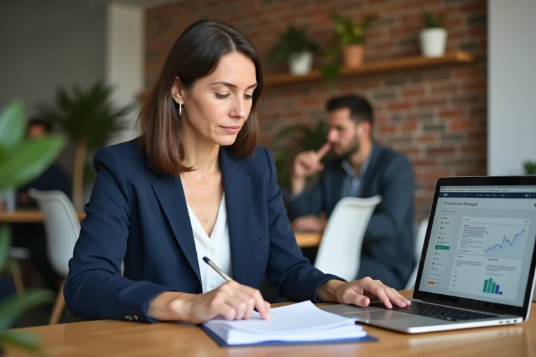 Femme gérant les activités de son association en ligne depuis un espace de coworking avec un tableau de bord numérique