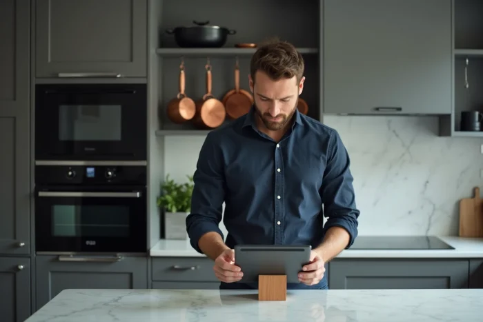 Homme gérant son espace personnel sur une tablette dans une cuisine contemporaine