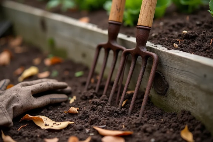 Gros plan d'une grelinette avec ses dents en acier posée contre un carré potager en bois entouré de compost