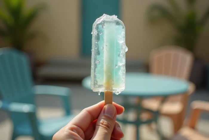 Gros plan d'un Mister Freeze à moitié mangé fondant légèrement tenu à la main en terrasse