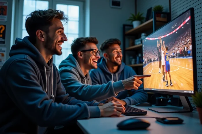 Groupe d'amis regardant un match de basketball en streaming sur un écran d'ordinateur à la maison