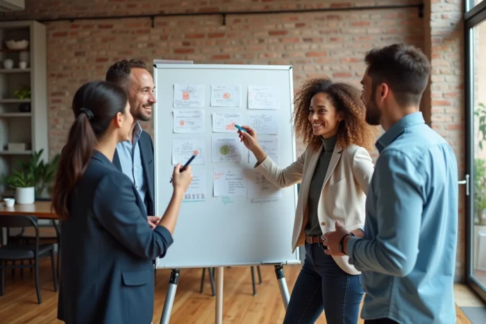 Groupe de professionnels collaborant lors d'un atelier de formation dans un espace de coworking