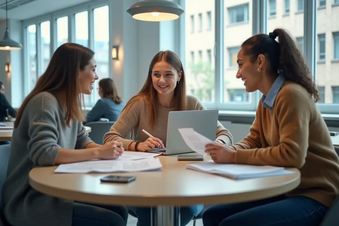 Groupe d'étudiants en droit travaillant en collaboration dans une salle d'étude universitaire moderne, préparation au diplôme de notaire après le bac STMG