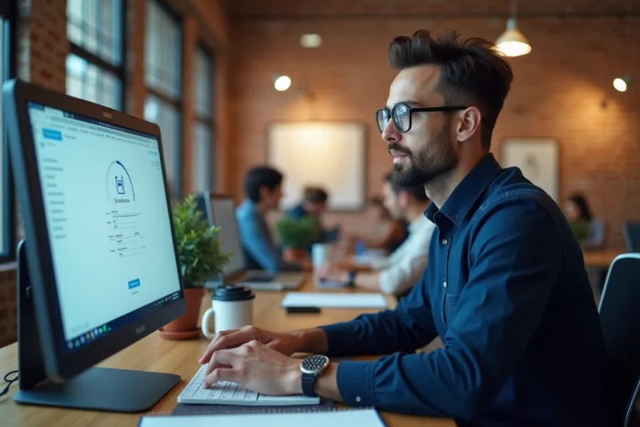 Homme adulte accédant à son compte étudiant sur une plateforme de formation comptable en ligne dans un espace de coworking