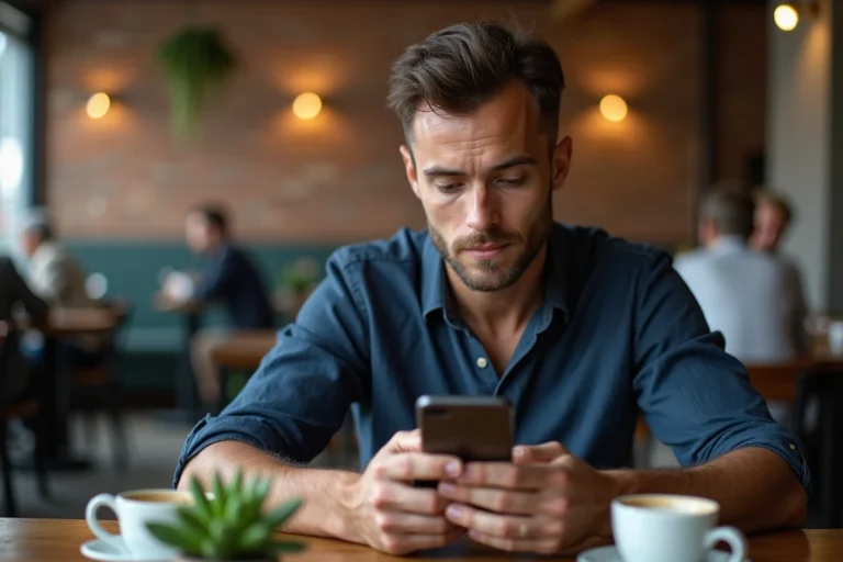 Homme consultant une application de rencontre gay sur son smartphone dans un café urbain moderne