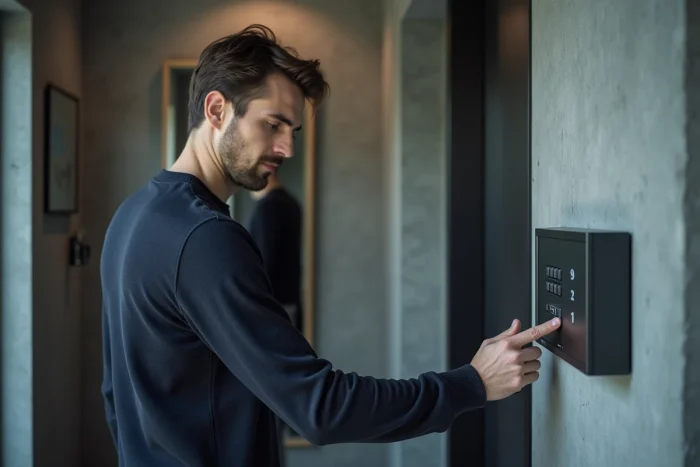 Homme activant une alarme Verisure avec un badge de proximité dans un couloir d'appartement moderne
