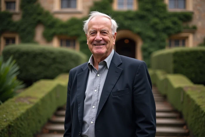 Portrait d'un homme britannique distingué aux cheveux gris devant un manoir anglais traditionnel