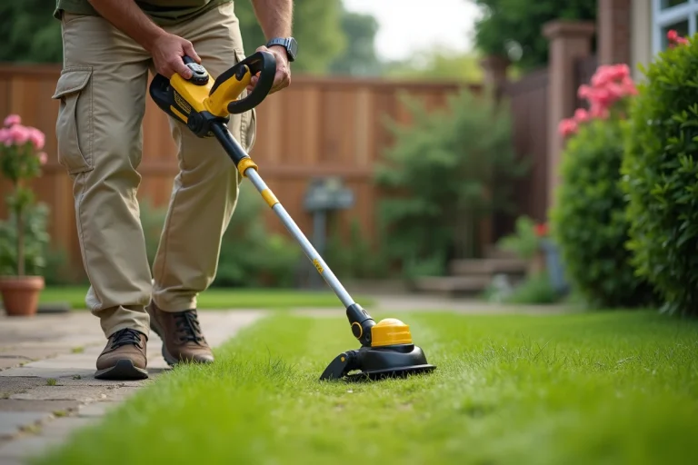 Homme utilisant le coupe bordure sans fil Black & Decker GLC3630L20 pour délimiter une pelouse soignée dans un jardin suburban