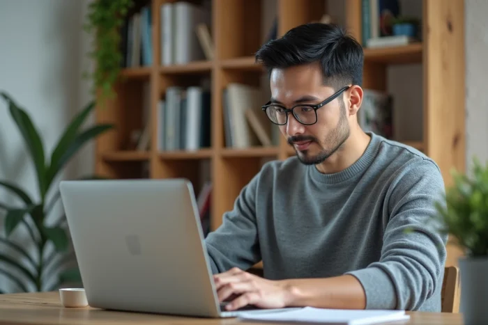 Homme suivant une formation professionnelle en ligne depuis son bureau à domicile