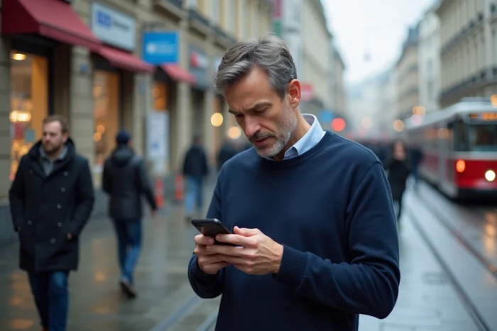 Homme lisant les dernières informations sur son smartphone dans une rue animée de la ville