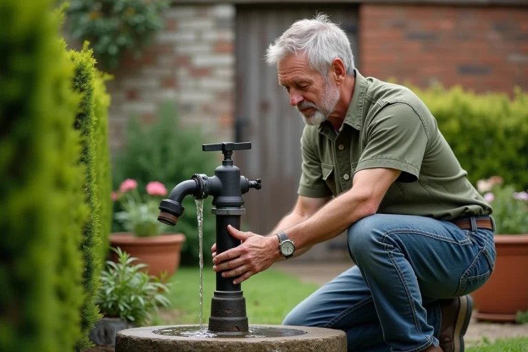 Homme inspecte une pompe à eau de jardin montée sur un socle en pierre, entouré de végétation luxuriante et de pots en terre cuite