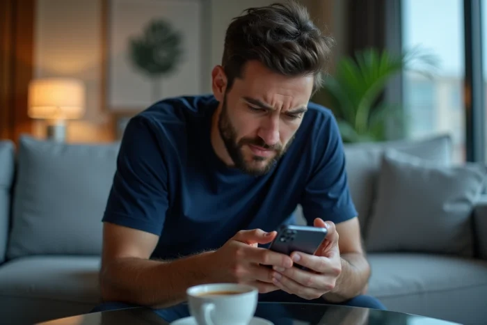 Homme concentré jouant à un jeu de puzzle sur smartphone dans un salon moderne avec café posé sur la table