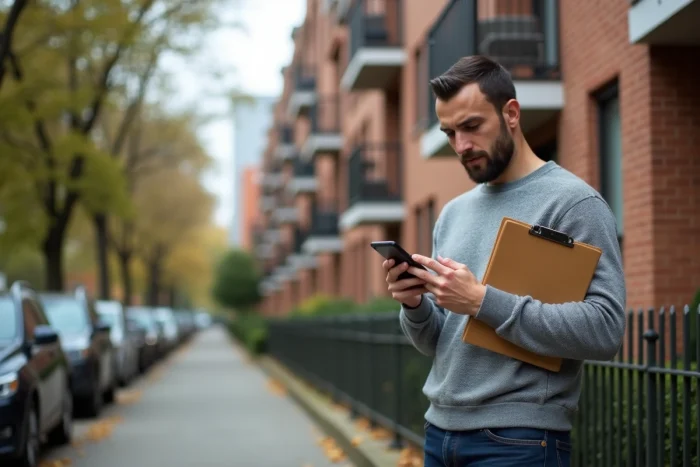 Homme consultant une plateforme d'investissement immobilier sur smartphone devant un immeuble résidentiel urbain