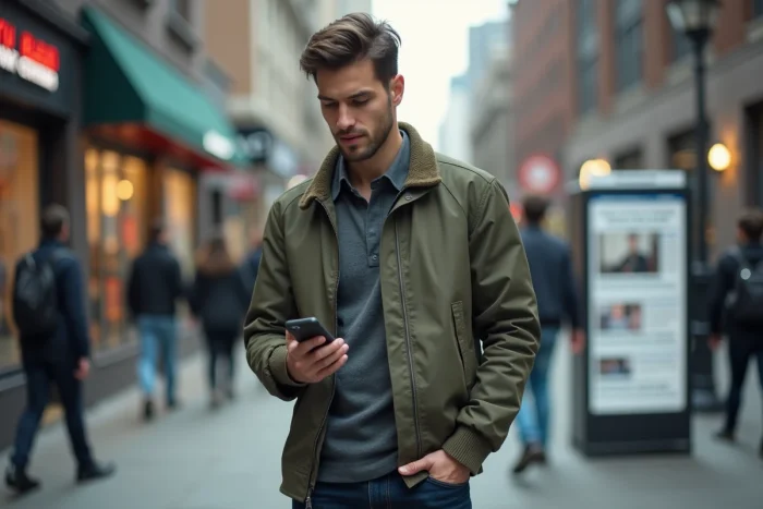 Homme dans la rue consultant une application d'actualités en temps réel sur son smartphone en milieu urbain