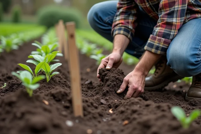 Homme examinant la qualité du sol aéré par une grelinette dans un jardin potager biologique
