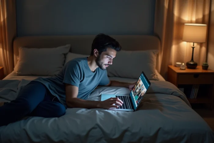 Homme regardant des séries gratuitement en streaming sur son ordinateur portable dans sa chambre