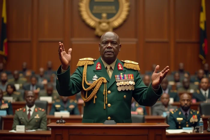 Portrait d'un grand homme africain imposant en uniforme militaire chargé de médailles, debout derrière un pupitre dans une salle gouvernementale ougandaise avec panneaux en bois et drapeaux nationaux