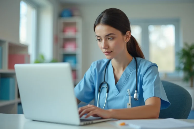 Infirmière se connectant à l'interface Netsoins Domusvi sur un ordinateur portable dans une salle de soins