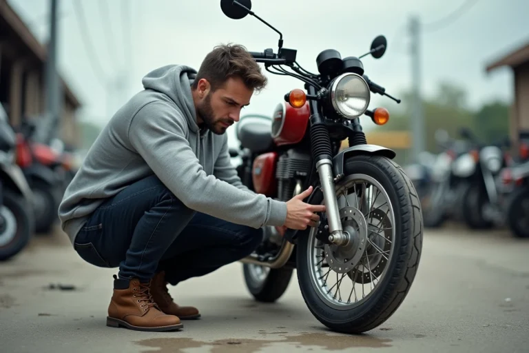 Homme inspectant une moto d'occasion dans un marché de véhicules d'occasion, examinant la fourche avant et le pneu de près