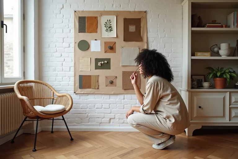 Femme créative devant un moodboard de décoration intérieure avec échantillons de tissus et planches d'inspiration dans un appartement de style parisien