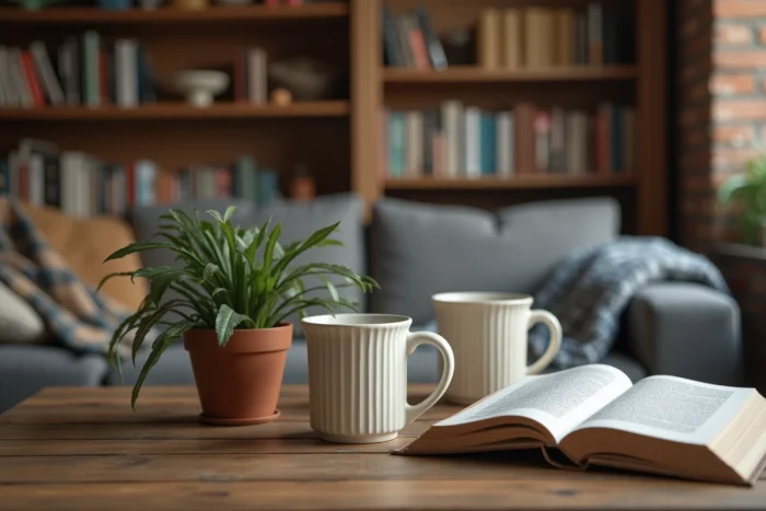 Intérieur cosy avec tasses de café et livres sur une table en bois, symbolisant l'intimité et la vie privée d'un couple célèbre