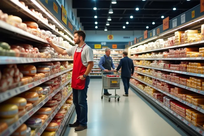 Intérieur d'un supermarché Lidl en Corse avec produits régionaux corses et employé en uniforme
