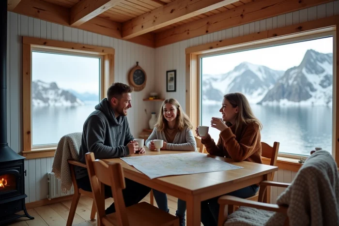 Famille réunie dans un chalet traditionnel rorbu des îles Lofoten, planifiant leurs activités autour d'une table en bois avec vue sur les fjords enneigés