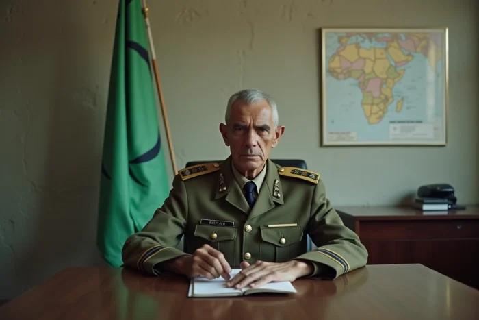 Portrait d'un homme est-africain maigre aux cheveux gris coupés court en uniforme militaire olive, assis à un bureau en bois spartiate dans un bureau gouvernemental en béton avec drapeau érythréen