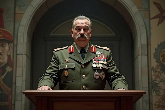 Portrait d'un homme en uniforme militaire soviétique chargé de médailles, debout derrière un pupitre en bois dans une salle de pierre à l'architecture soviétique