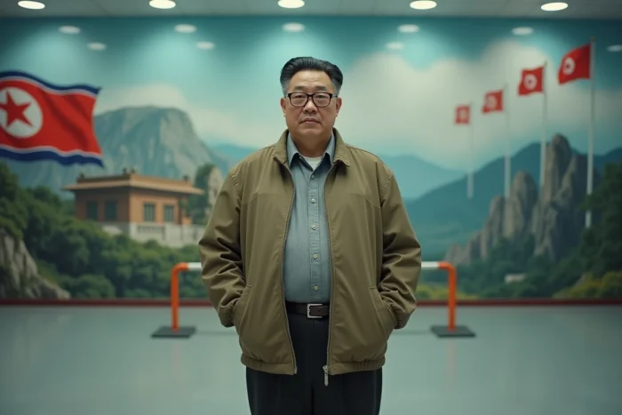 Portrait d'un homme est-asiatique corpulent avec lunettes à grande monture et veste kaki Mao, devant une grande fresque murale représentant des paysages nord-coréens et des étoiles rouges