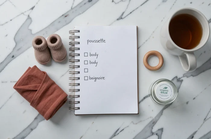 Vue du dessus d'une liste de naissance manuscrite entourée d'articles essentiels pour bébé sur un plan de travail en marbre