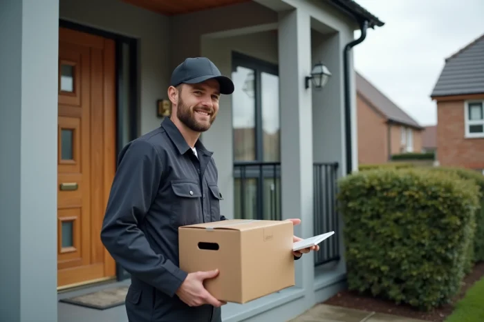 Livreur déposant un colis express devant une maison lors d'une livraison rapide Asos
