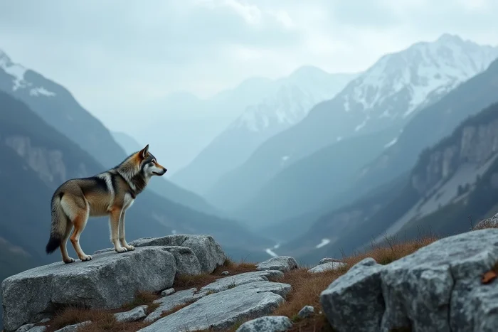 Loup gris solitaire sur une crête rocheuse de montagne avec une vallée brumeuse en arrière-plan, symbole de liberté et de puissance dans les mythologies du monde entier