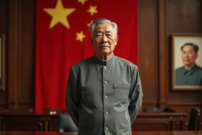 Portrait d'un homme âgé d'Asie de l'Est en tunique grise de style Mao, debout devant un fond rouge avec une étoile dorée, dans un intérieur gouvernemental vieilli