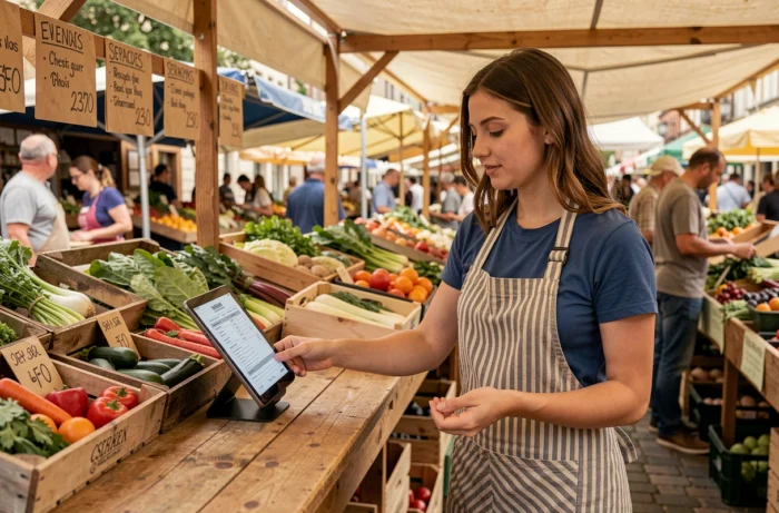 Vendeuse de marché fermier gérant des commandes en ligne sur tablette au stand de légumes frais