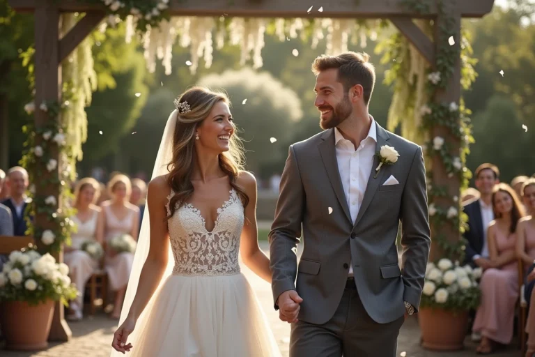 Mariés souriant sous une arche de fleurs blanches dans un jardin de mariage en plein air