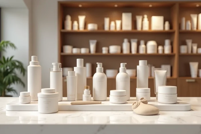 Étagère de boutique de luxe présentant plusieurs marques de cosmétiques haut de gamme concurrentes de Rituals