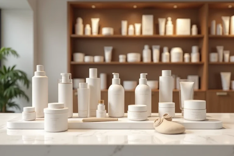 Étagère de boutique de luxe présentant plusieurs marques de cosmétiques haut de gamme concurrentes de Rituals
