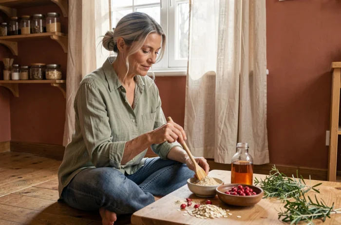 Femme mature préparant un masque visage maison avec des ingrédients naturels dans une cuisine chaleureuse
