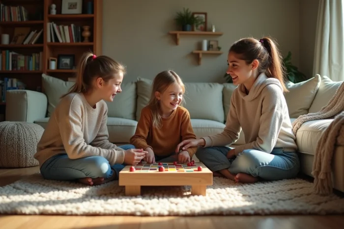 Mère et adolescents jouant à un jeu de société ensemble dans un salon décoré avec soin