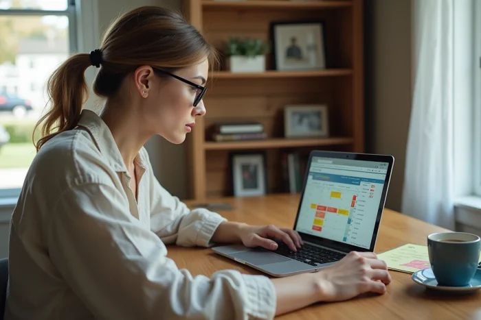 Mère de famille américaine consultant le calendrier des vacances scolaires en ligne sur son ordinateur portable à la maison