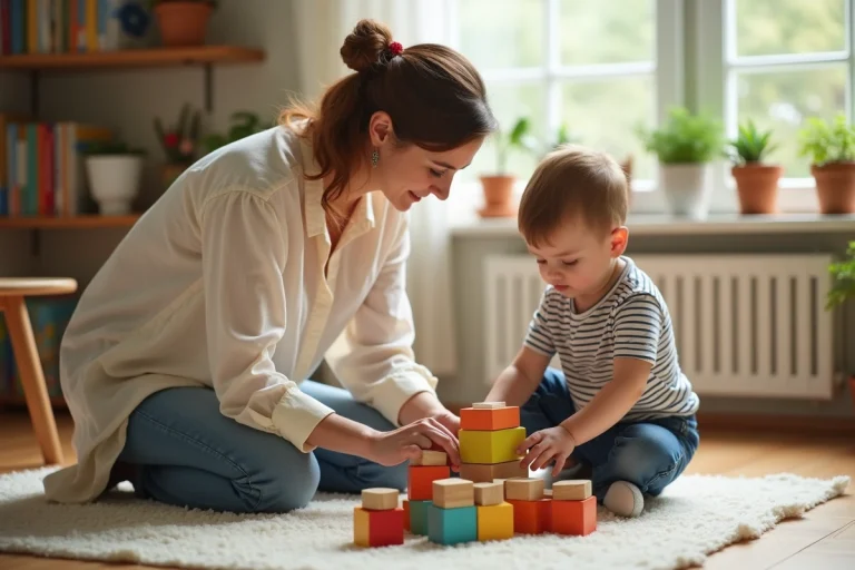 Mère accompagnant son jeune enfant dans un jeu de construction en bois dans un salon familial chaleureux