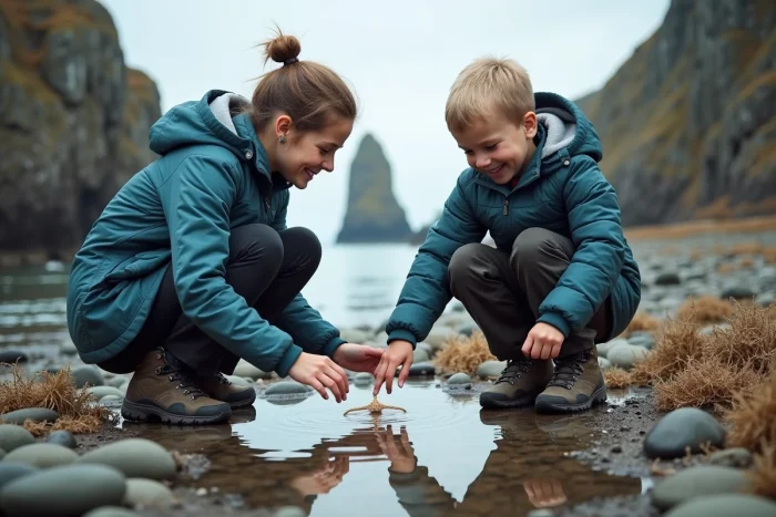 Mère et fils explorant les bassins rocheux d'une plage sauvage des îles Lofoten, découvrant des étoiles de mer dans une mare naturelle