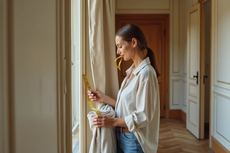Femme mesurant un encadrement de porte avant la pose d'un rideau de porte d'entrée dans un couloir d'appartement français