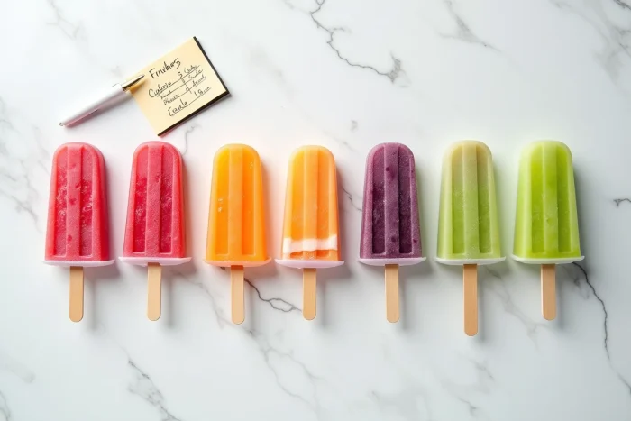 Plusieurs Mister Freeze de différentes saveurs posés sur un plan de travail en marbre avec un carnet de calories