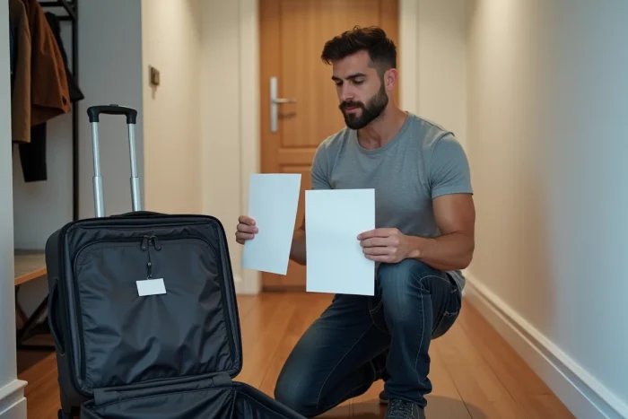 Homme comparant deux modèles d'étiquettes bagage imprimés sur papier blanc avant un départ en voyage dans un couloir