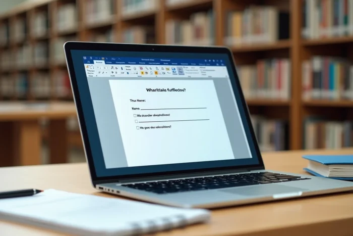 Modèle de justificatif d'absence universitaire affiché sur un ordinateur portable en bibliothèque