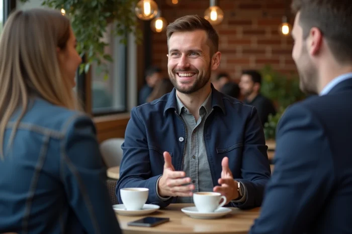 Homme animé discutant dans un café urbain moderne, interview et actualités autour de l'univers Mr Seb