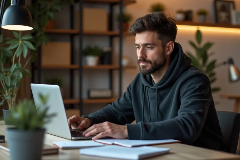 Homme consultant des notes et un ordinateur portable dans un studio créatif moderne, actualités et nouveautés de Mr Seb